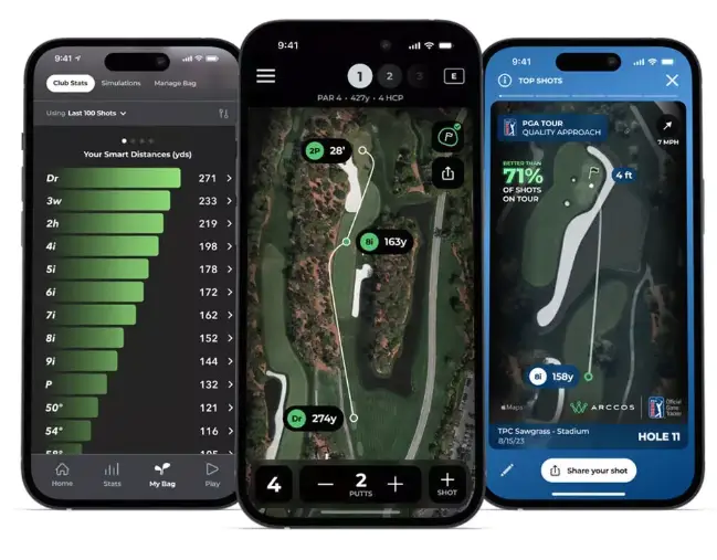 Dashboard Arccos Caddie — analyse Strokes Gained par catégorie sur smartphone